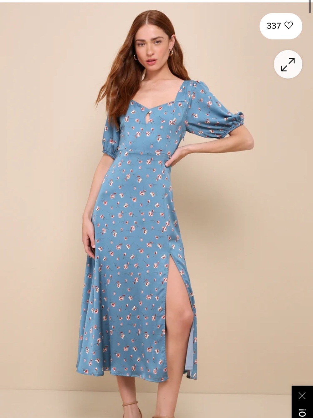 Lulu's Blue Floral Midi Dress with Puff Sleeves Wedding Guest Dress Size XL